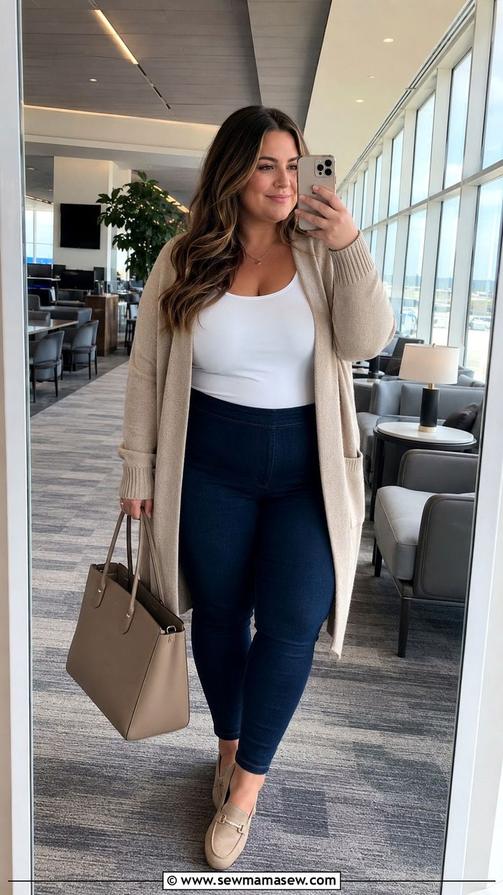 Long cardigan over tank and jeggings - 30 Travel outfits for plus size