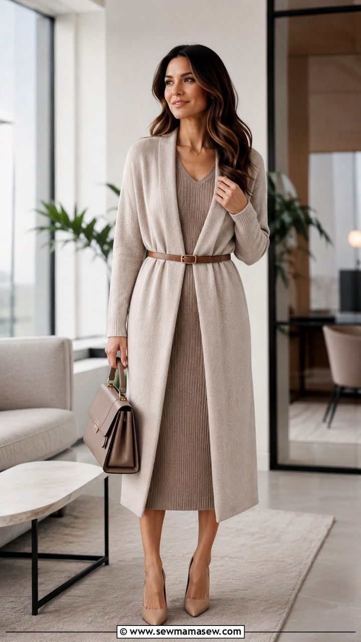 Long cardigan sweater belted over a midi dress - 30 Sweater outfit ideas for work