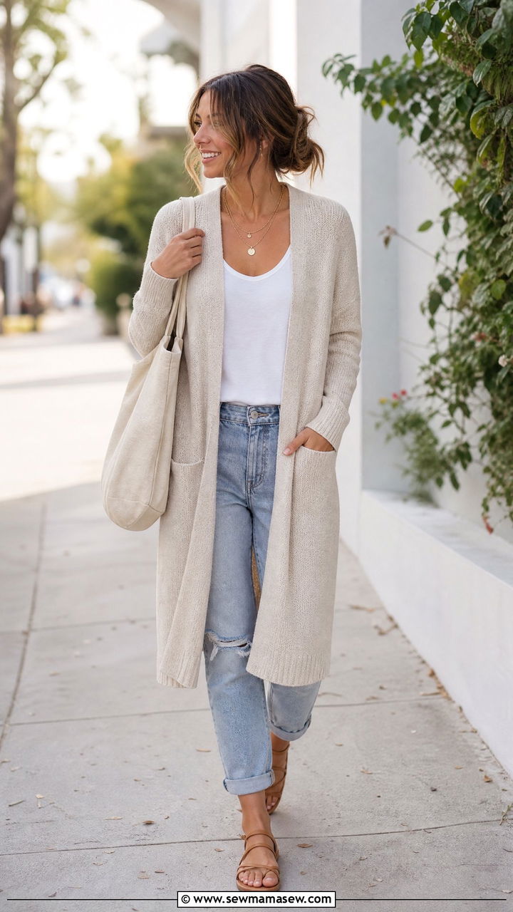 Long cardigan sweater with boyfriend jeans and strappy sandals - 25 Boyfriend jeans outfit ideas with a sweater