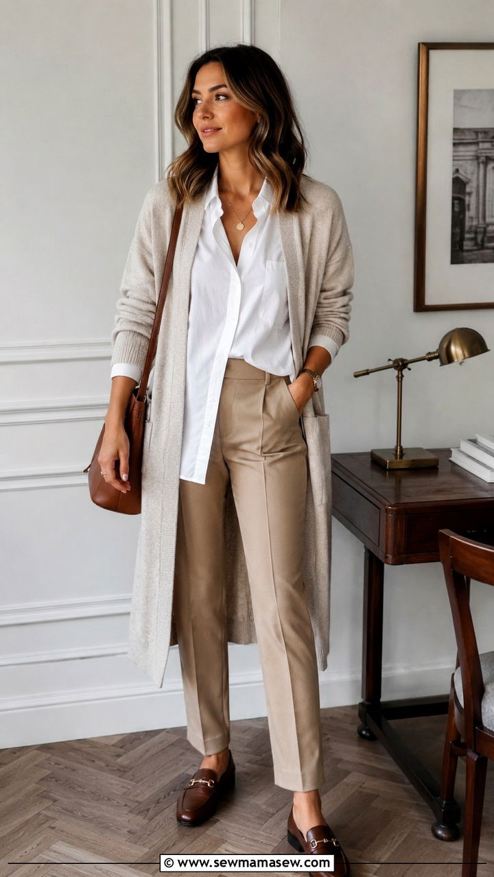 Long cardigan with a button down shirt and tailored trousers - 30 How to style a long cardigan