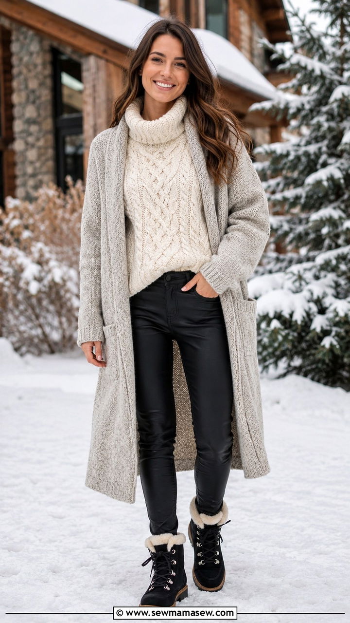 Long cardigan with a chunky sweater and coated skinny jeans - 30 How to style a long cardigan
