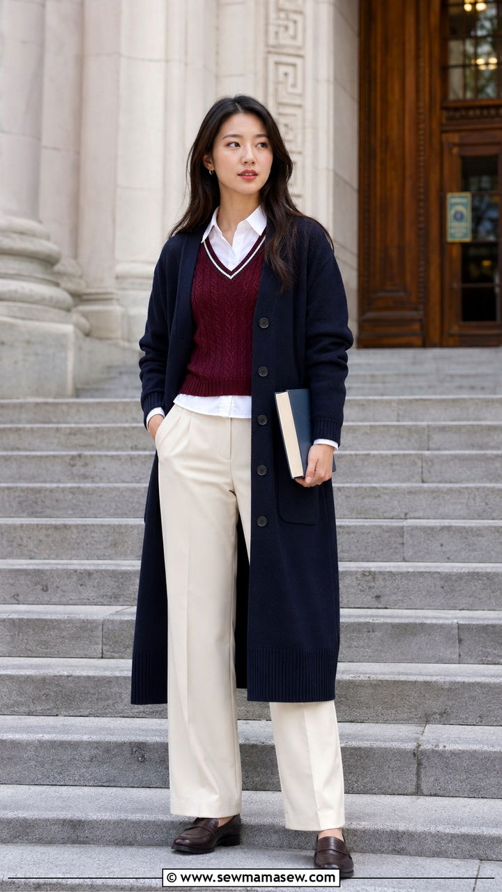Long cardigan with a collared shirt and a sweater vest - 30 How to style a long cardigan