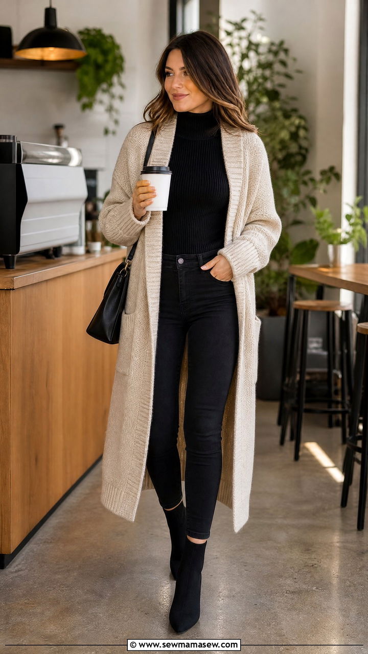 Long cardigan with a ribbed turtleneck and high waist skinny jeans - 30 First cold day outfits