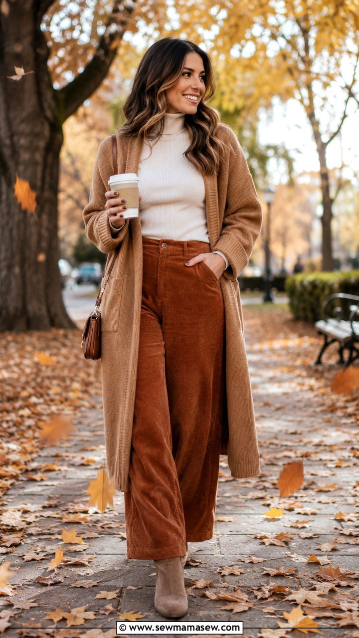 Long cardigan with a turtleneck and corduroy pants - 30 How to style a long cardigan
