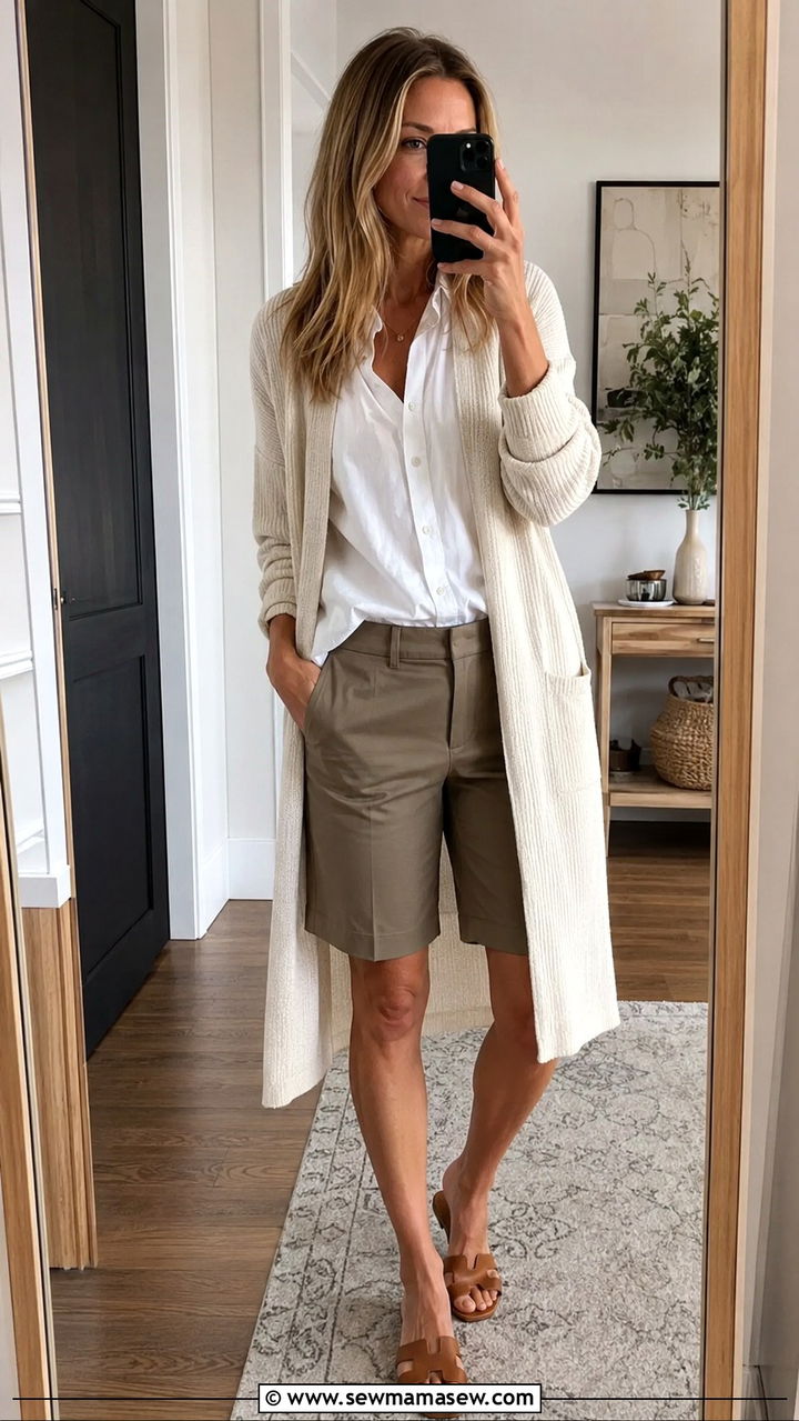 Long cardigan with a white button down and Bermuda shorts - 30 How to style a long cardigan