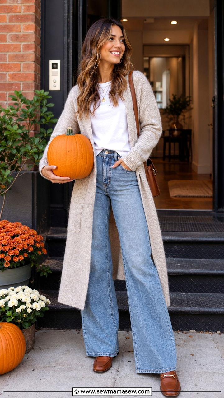 Long cardigan with a white tee wide leg jeans and loafers - 30 Pumpkin carving party outfit ideas