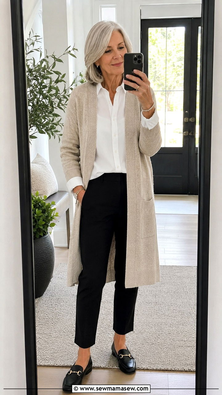 Long cardigan with ankle pants and crisp button up shirt - 30 Plus size outfit ideas for women over 60
