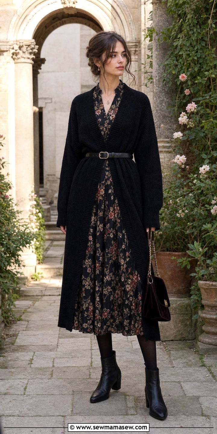 Long cardigan with belt over floral midi dress - 25 Dark academia outfit ideas 2026