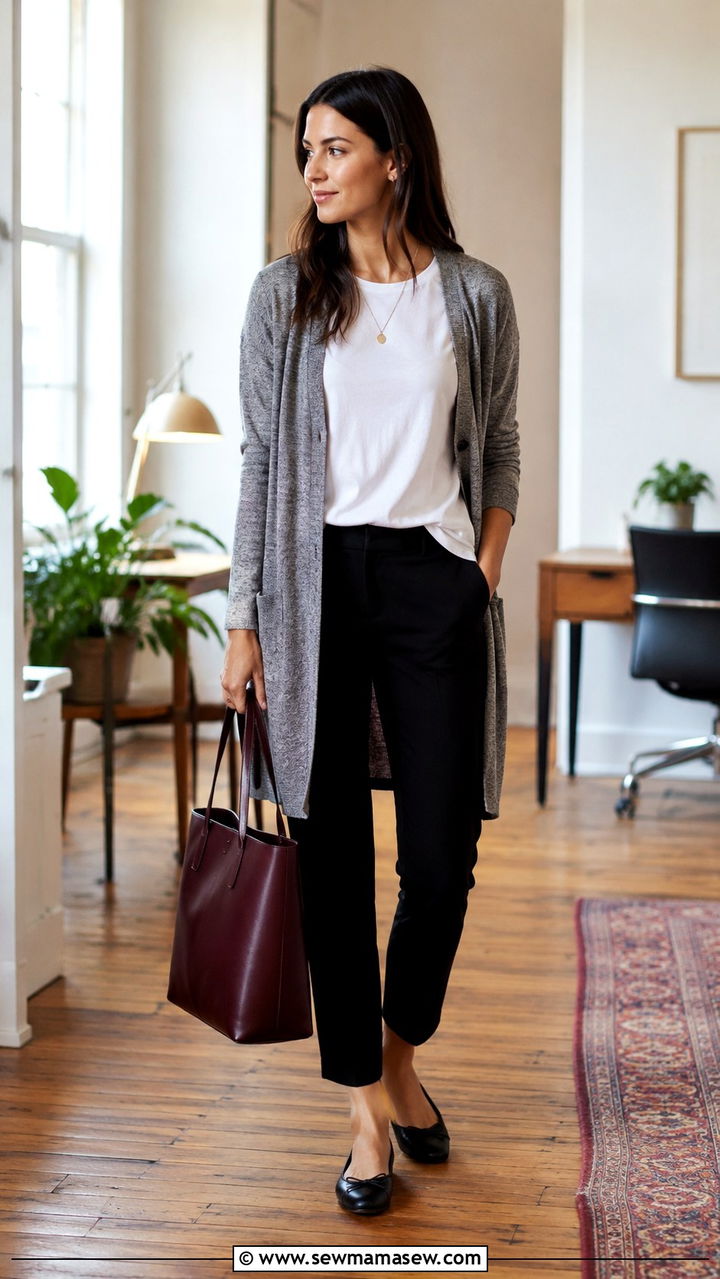 Long cardigan with cigarette pants and ballet flats - 30 business casual outfits inspo