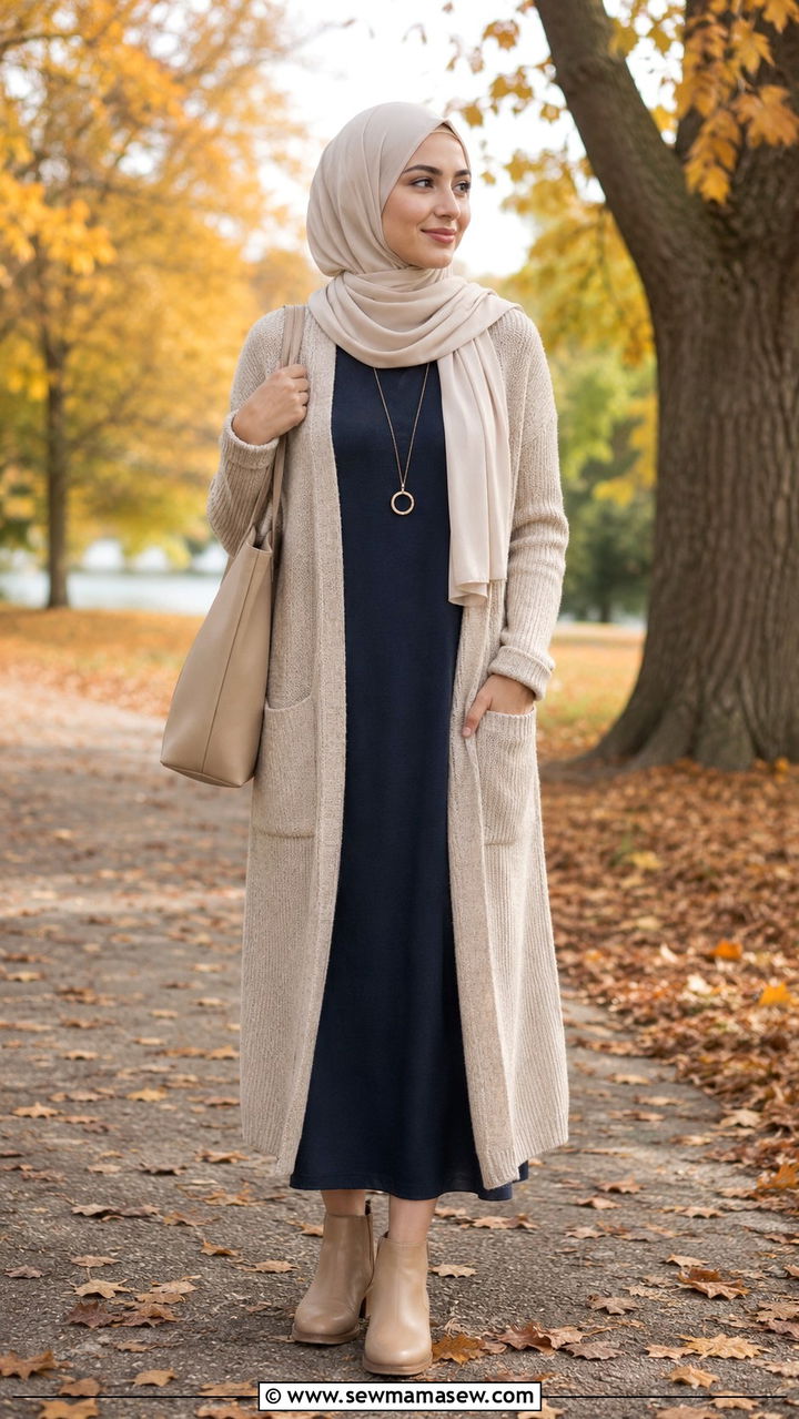Long cardigan with dress and hijab - 25 outfit ideas for hijab women