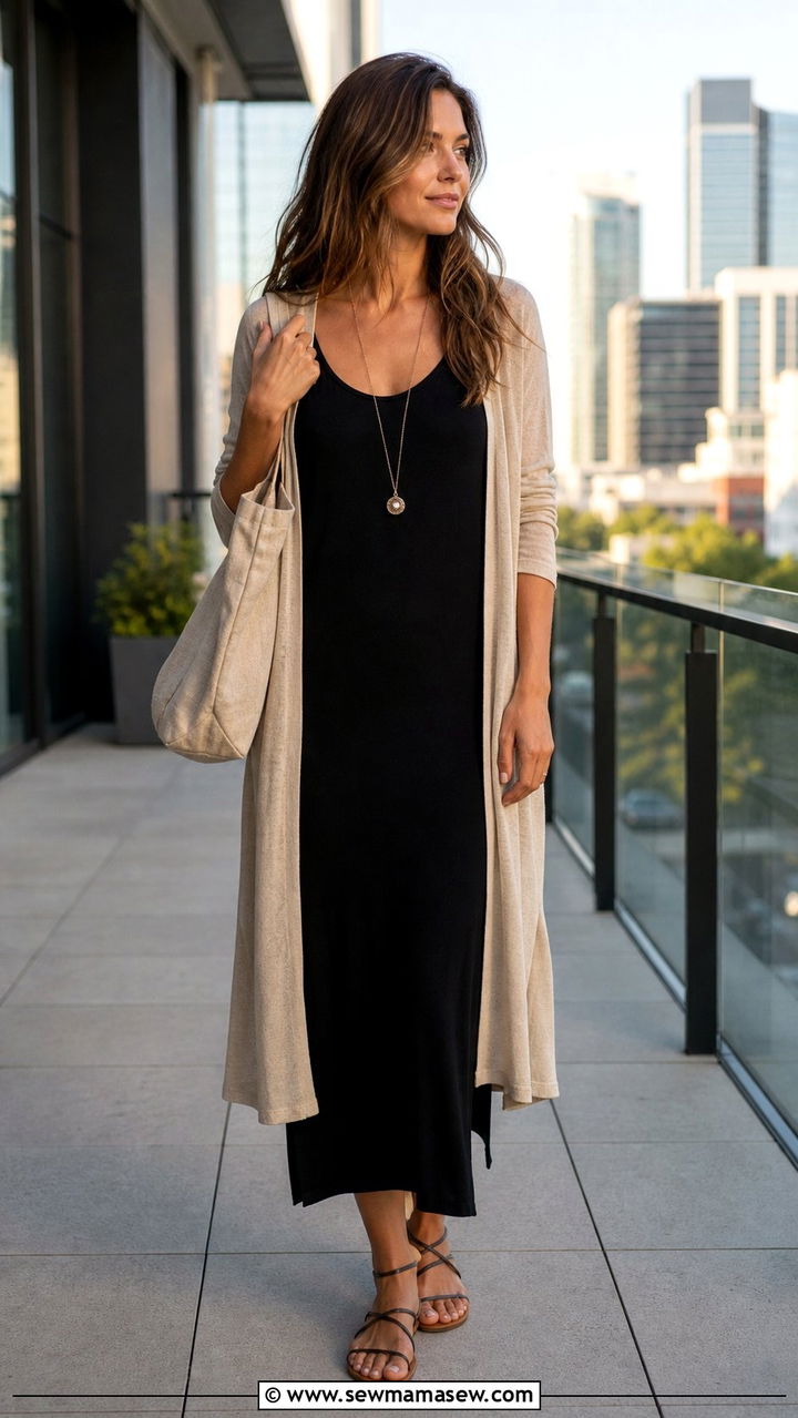 Long cardigan with dress summer outfit - 25 Summer outfits to hide belly fat