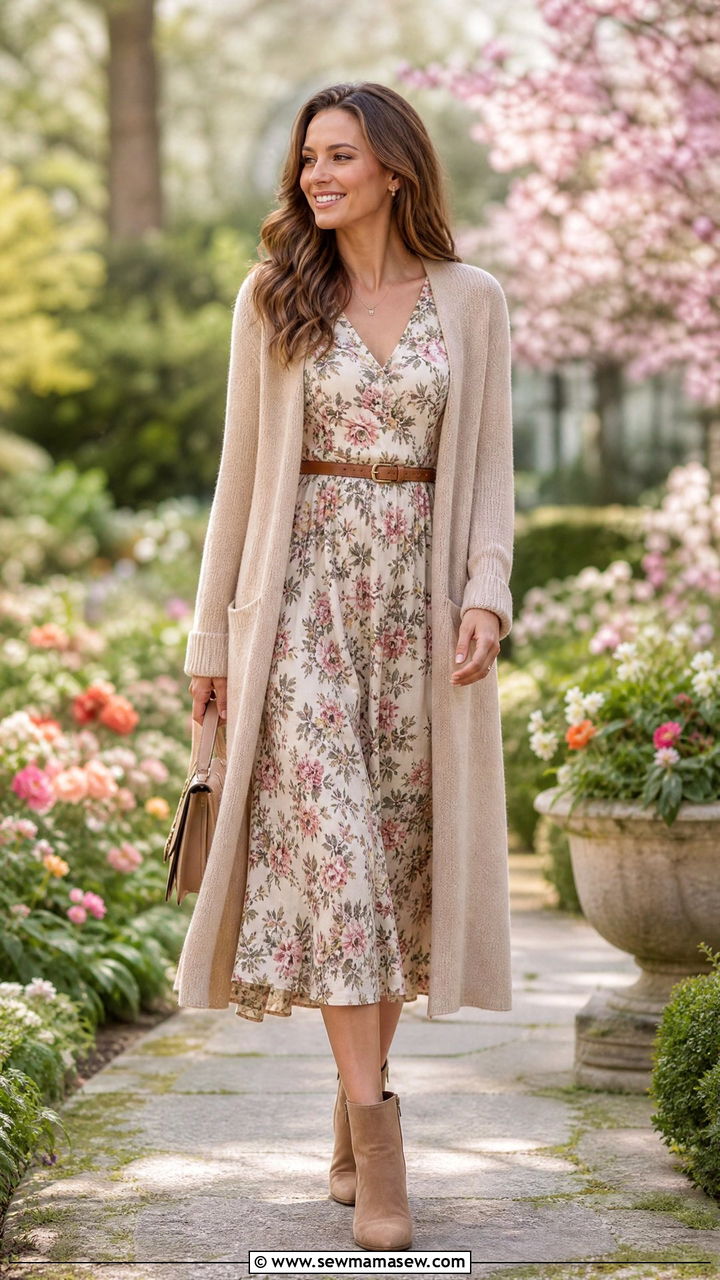 Long cardigan with floral midi dress - 35 How to style a cardigan