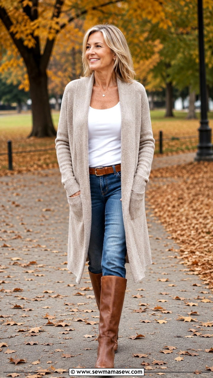 Long cardigan with jeans and brown knee high boots - 20 Jeans and boots outfit ideas over 50