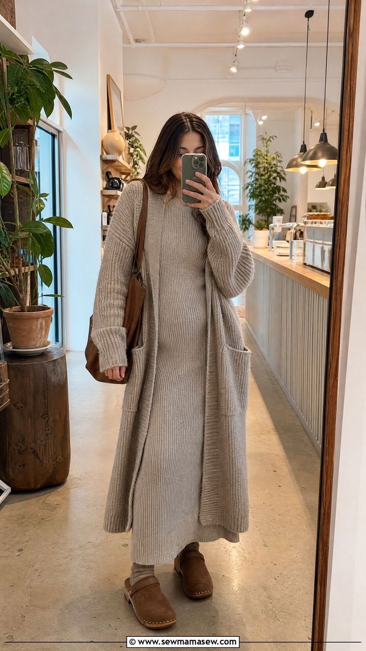 Long cardigan with knit maxi dress and clogs - 30 Maxi dress outfit ideas with a jacket