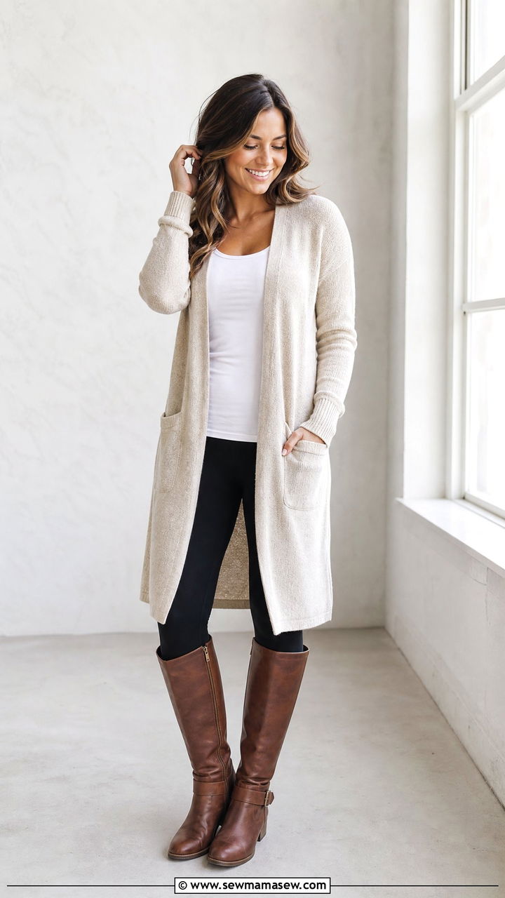 Long cardigan with leggings and riding boots - 25 Spring outfits with riding boots