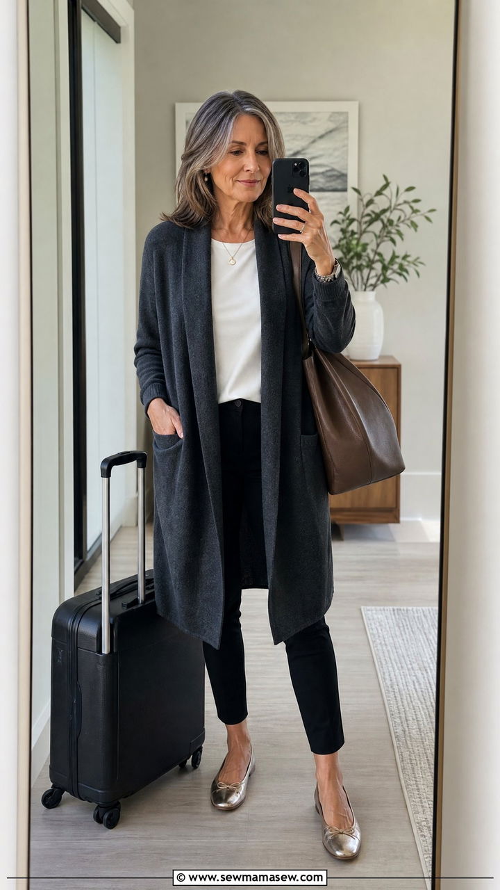 Long cardigan with slim pants outfit - 30 Stylish outfits for grandmas