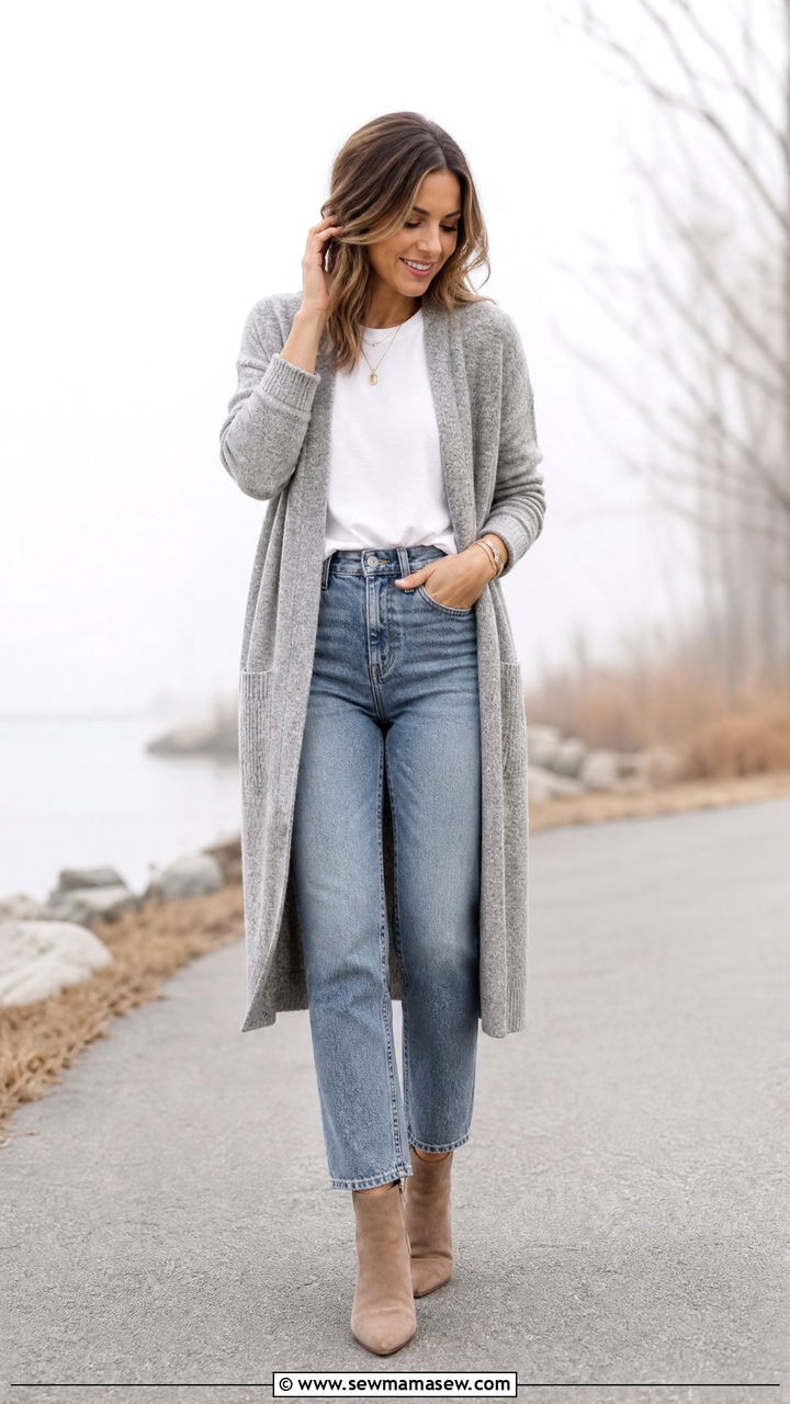 Long cardigan with straight leg jeans and a tee - 25 Foggy day outfit ideas