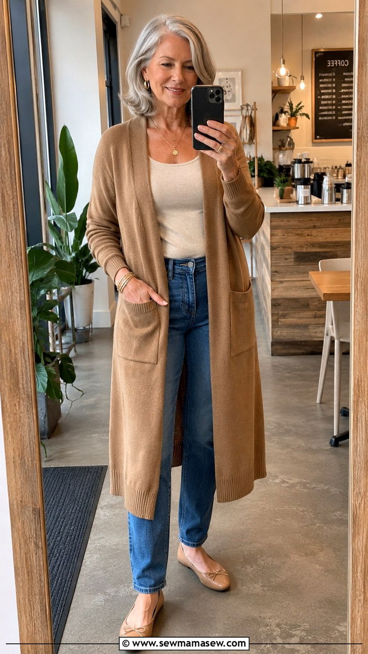 Long cardigan with straight leg jeans - 20 Curvy outfits for women over 60