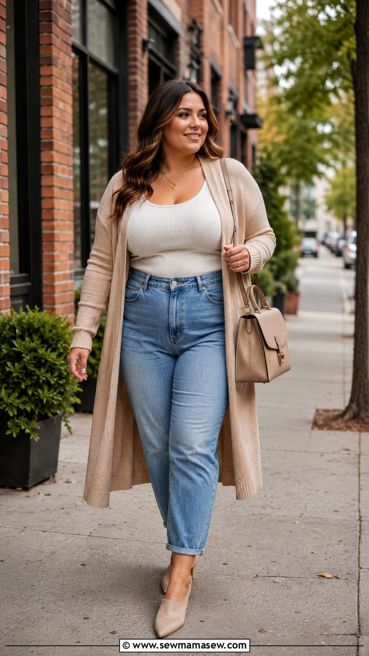 Long cardigan with tank and mom jeans outfit - 30 Plus size outfit ideas for moms