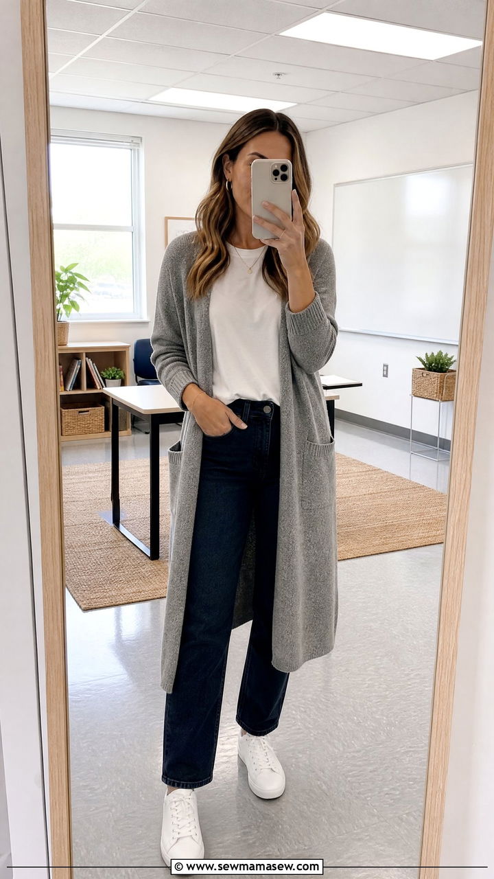 Long cardigan with tee and dark jeans outfit - 30 Substitute teacher outfit ideas