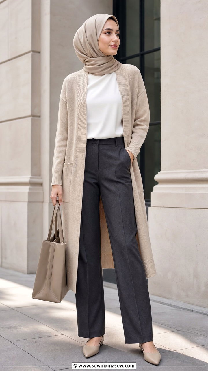 Long cardigan with trousers hijab outfit - 30 hijab outfit ideas
