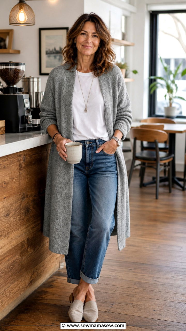 Long cardigan with white tee and relaxed jeans - 40 Outfit ideas for women over 40