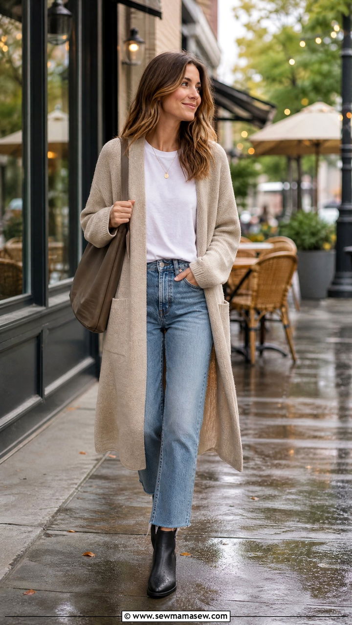 Long cardigan with white tee and straight leg jeans - 30 Cozy rainy day outfit ideas