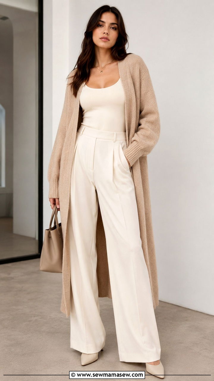 Long cardigan with wide leg trousers and a bodysuit - 30 How to style a long cardigan