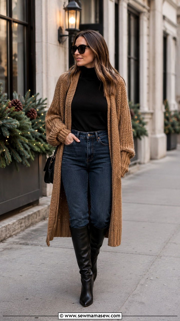 Long chunky cardigan with mom jeans and knee high boots - 30 Mom jeans outfit ideas with a cardigan