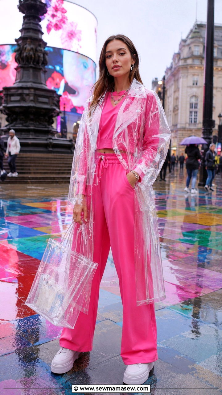 Long clear PVC trench coat with a brightly colored outfit underneath - 30 Long trench coat outfit ideas for rain