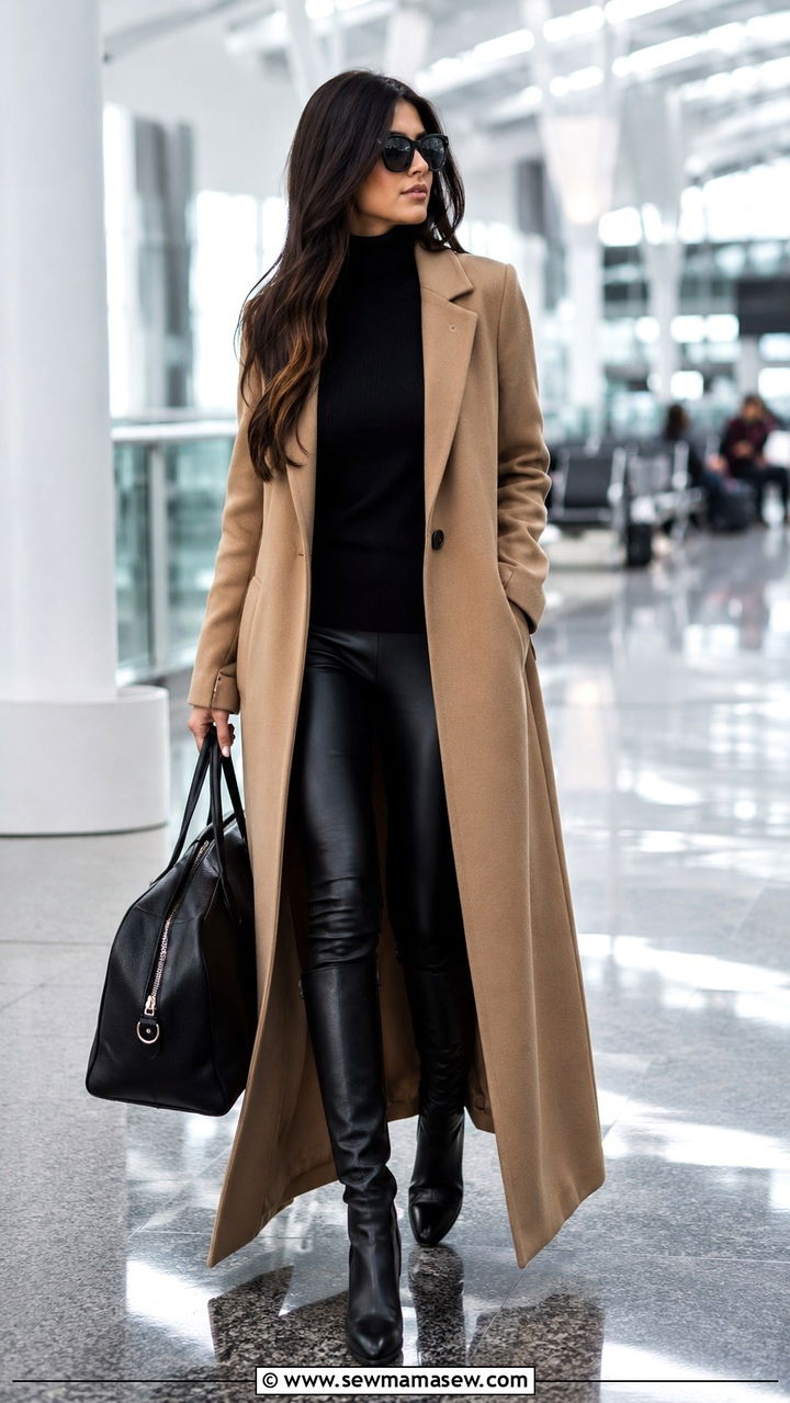 Long coat and boots airport outfit - 25 Airport outfit ideas for business class