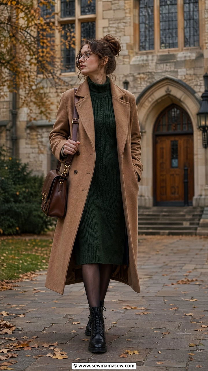 Long coat and knit dress cozy academia outfit - 35 First day of college outfit ideas
