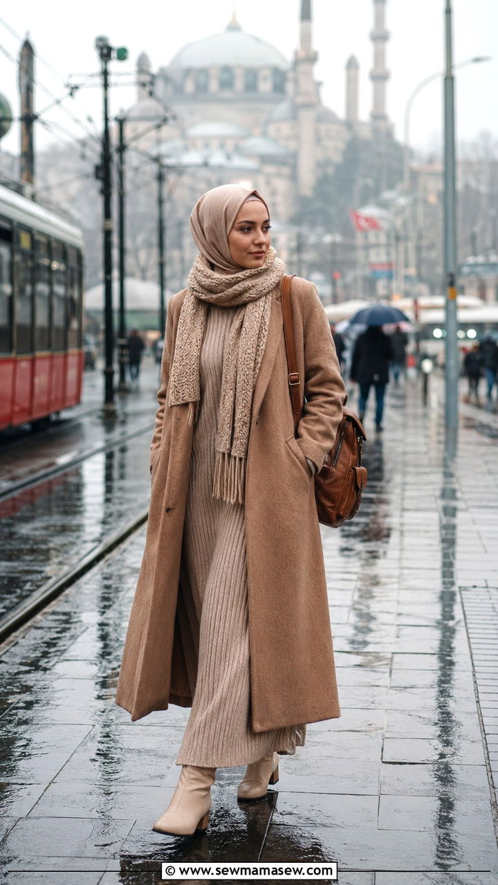 Long coat over maxi dress outfit - 20 Modest outfit ideas for Turkey