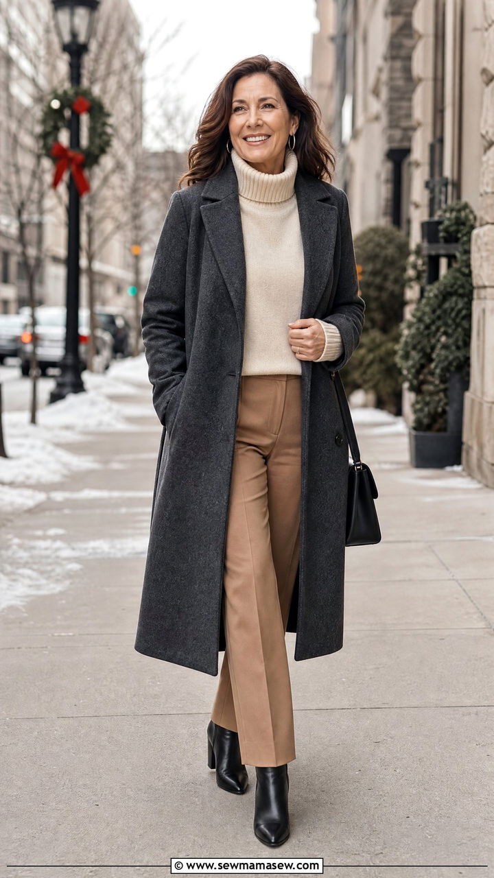 Long coat over neutral layers with ankle boots - 30 parisian outfit ideas for women over 40