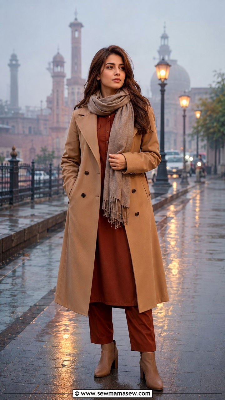 Long coat over shalwar kameez for winter fog - 30 Lahore outfit ideas