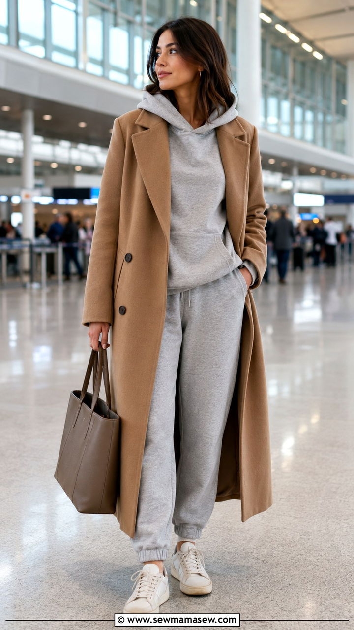 Long coat with hoodie and sweatpants for fall airport - 25 seasonal airport outfit ideas