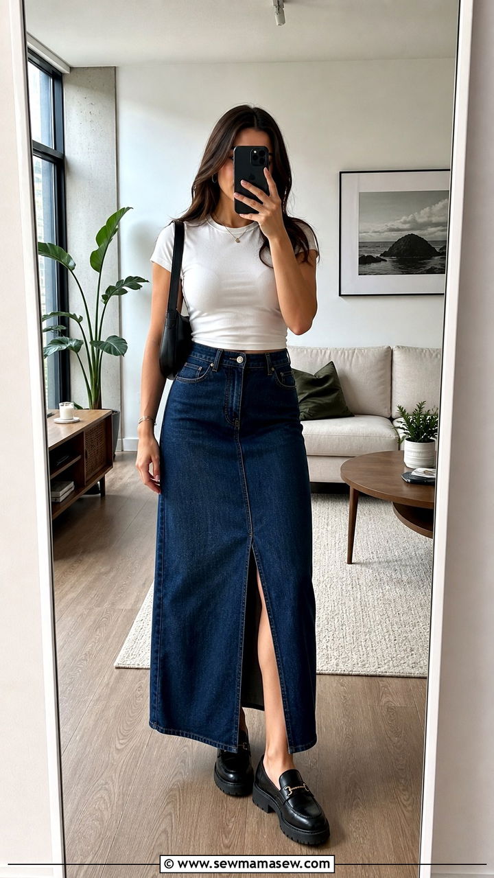 Long denim skirt with baby tee outfit - 40 trendy outfits ideas