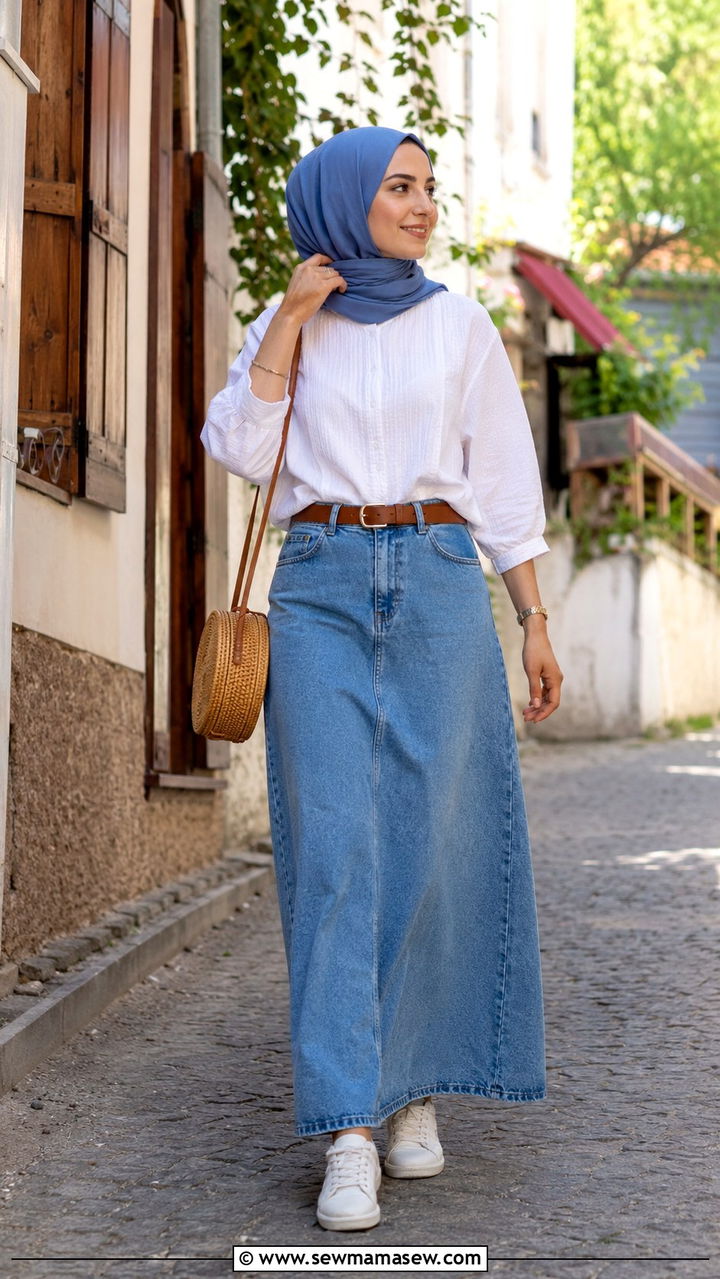 Long denim skirt with tucked in blouse outfit - 20 Modest outfit ideas for Turkey