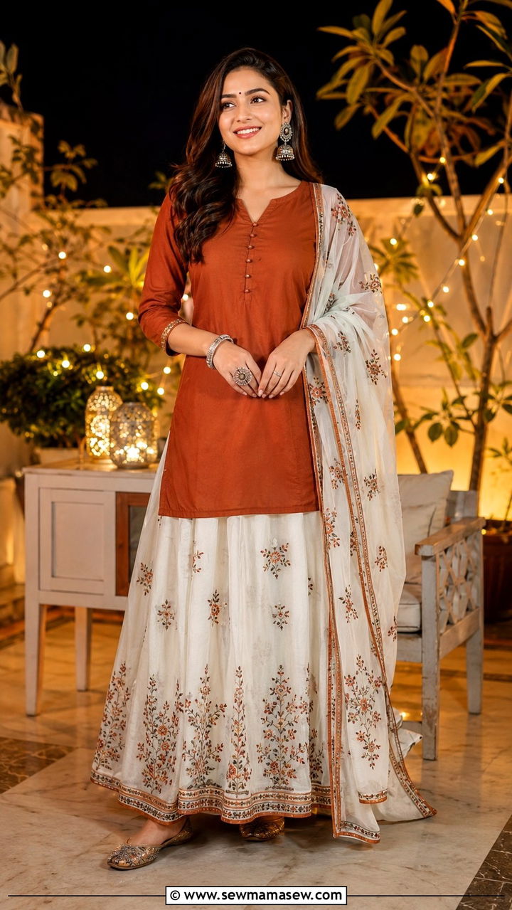Long embroidered skirt with ethnic top - 20 Modest outfit ideas for India