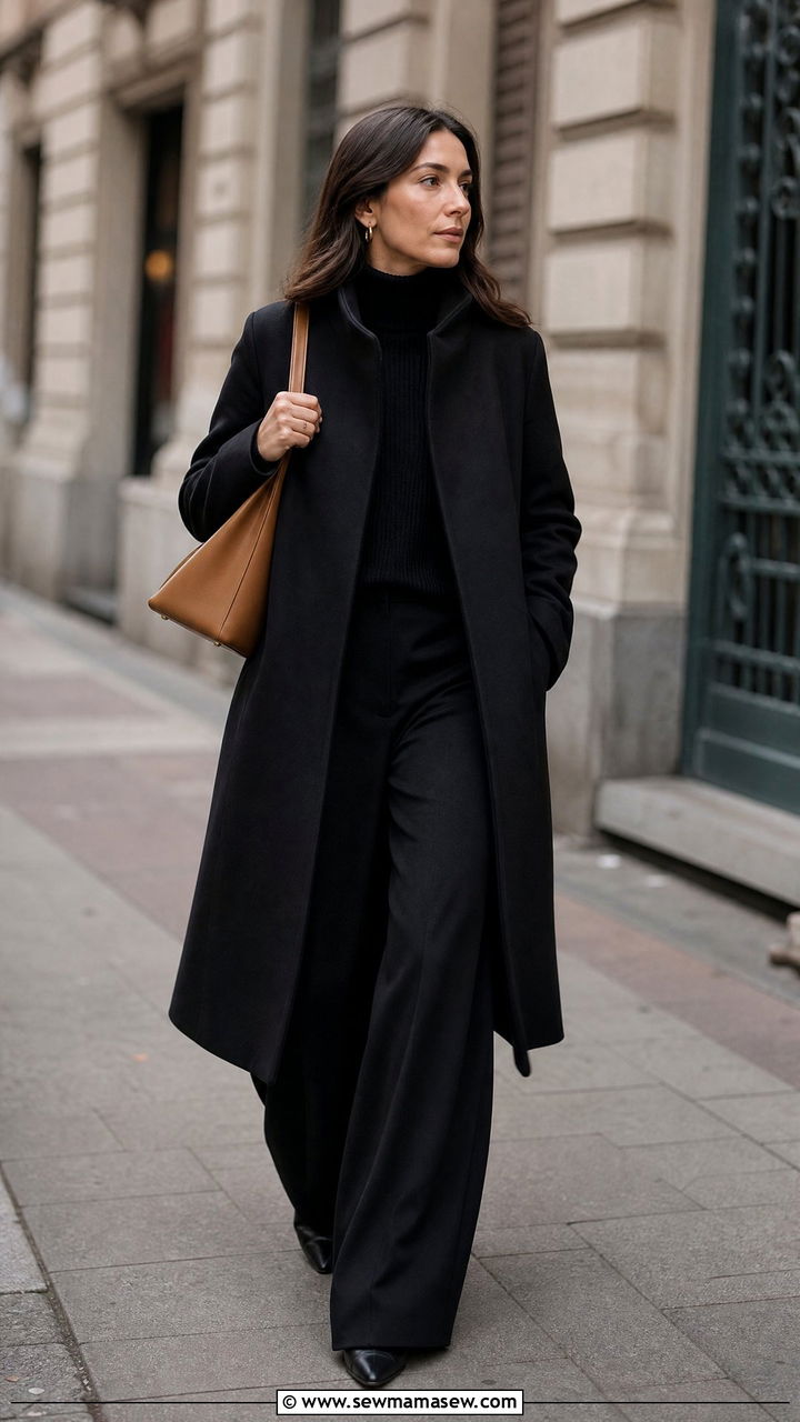 Long funnel neck coat with wide leg trousers - 25 Funnel neck outfit ideas 2026