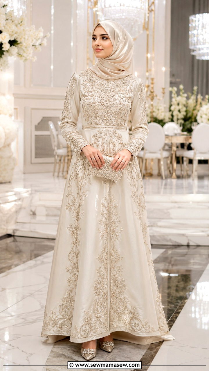 Long gown with traditional embroidery for Walima - 25 Wedding guest outfit ideas Walima ceremony