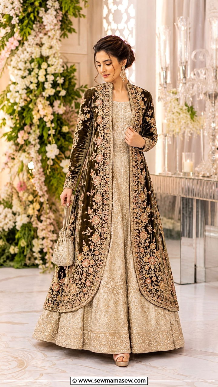 Long jacket over lehenga saree for Walima - 25 Wedding guest outfit ideas Walima ceremony