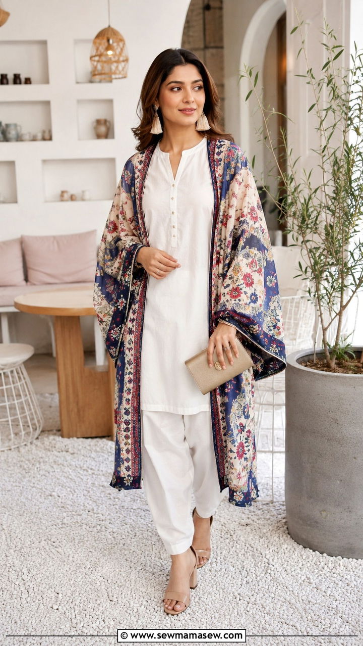 Long kimono style jacket over shalwar kameez - 30 Lahore outfit ideas