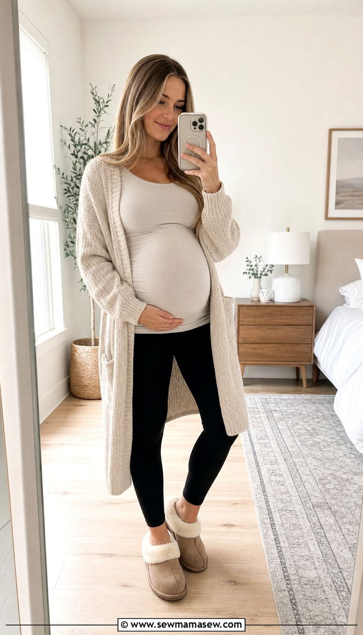 Long knit cardigan with leggings - 25 Spring outfit ideas for pregnant women