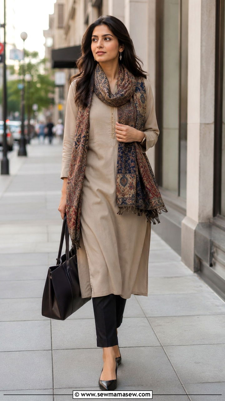 Long kurta with cigarette pants and stole - 20 Modest outfit ideas for India