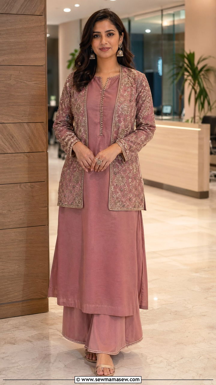 Long kurta with palazzo pants and embroidered jacket - 35 Diwali party outfit ideas