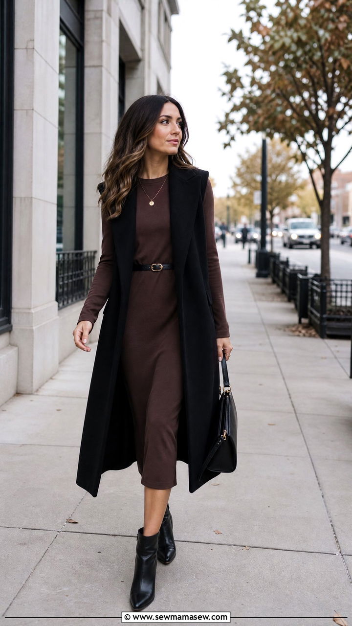 Long line vest over midi dress with ankle boots - 25 Business casual outfits with vest
