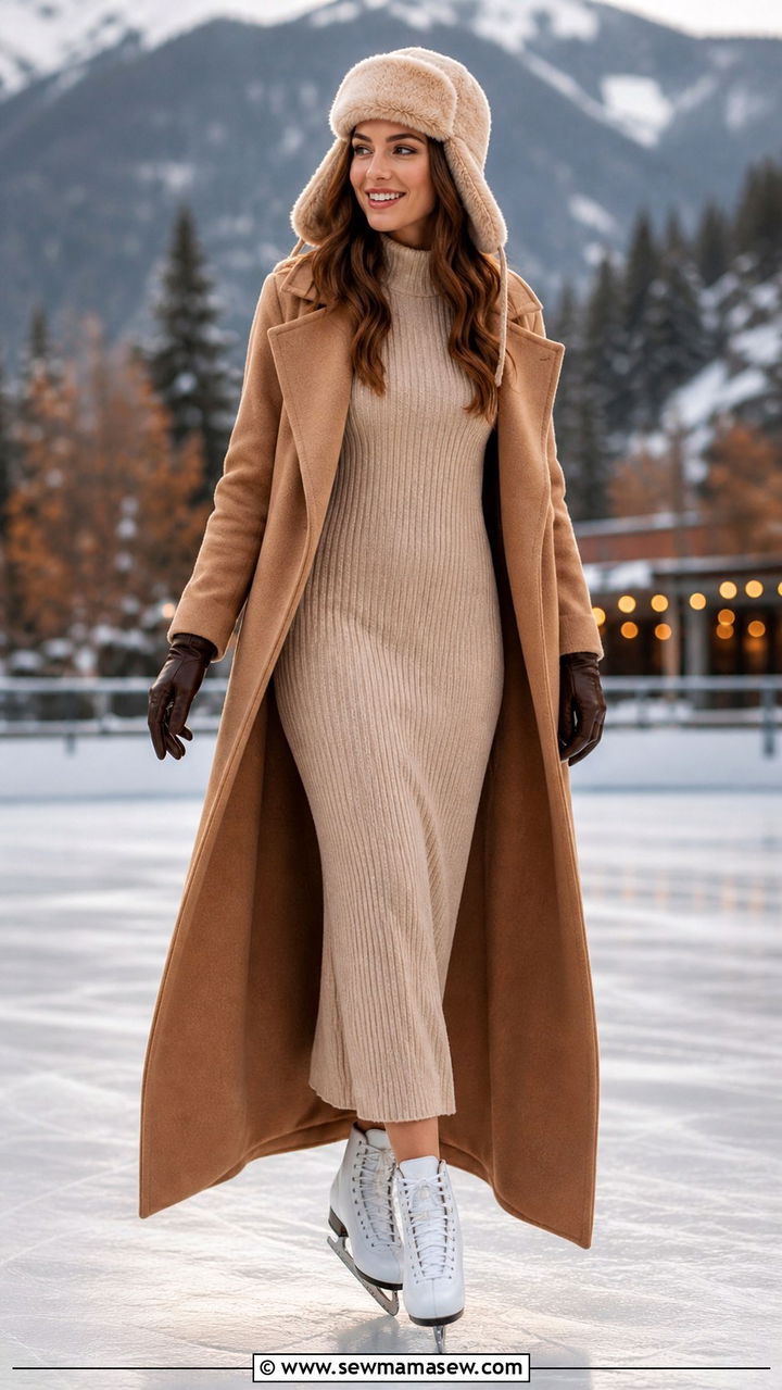 Long maxi coat knit dress and ear flap hat ice skating look - 40 Ice skating outfit ideas