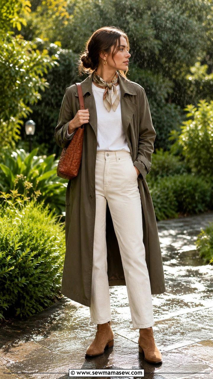 Long olive trench coat with a white tee and ecru denim - 30 Long trench coat outfit ideas for rain