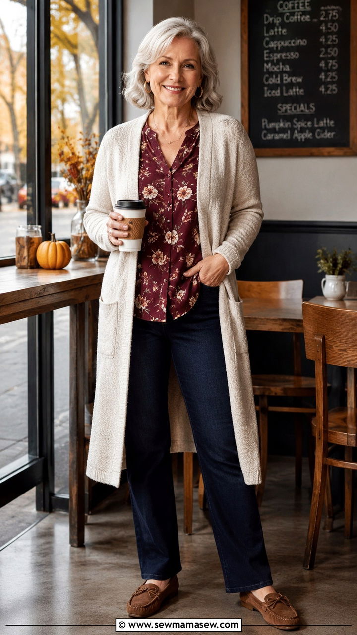 Long open cardigan with dark jeans and floral blouse - 30 Plus size outfit ideas for women over 60